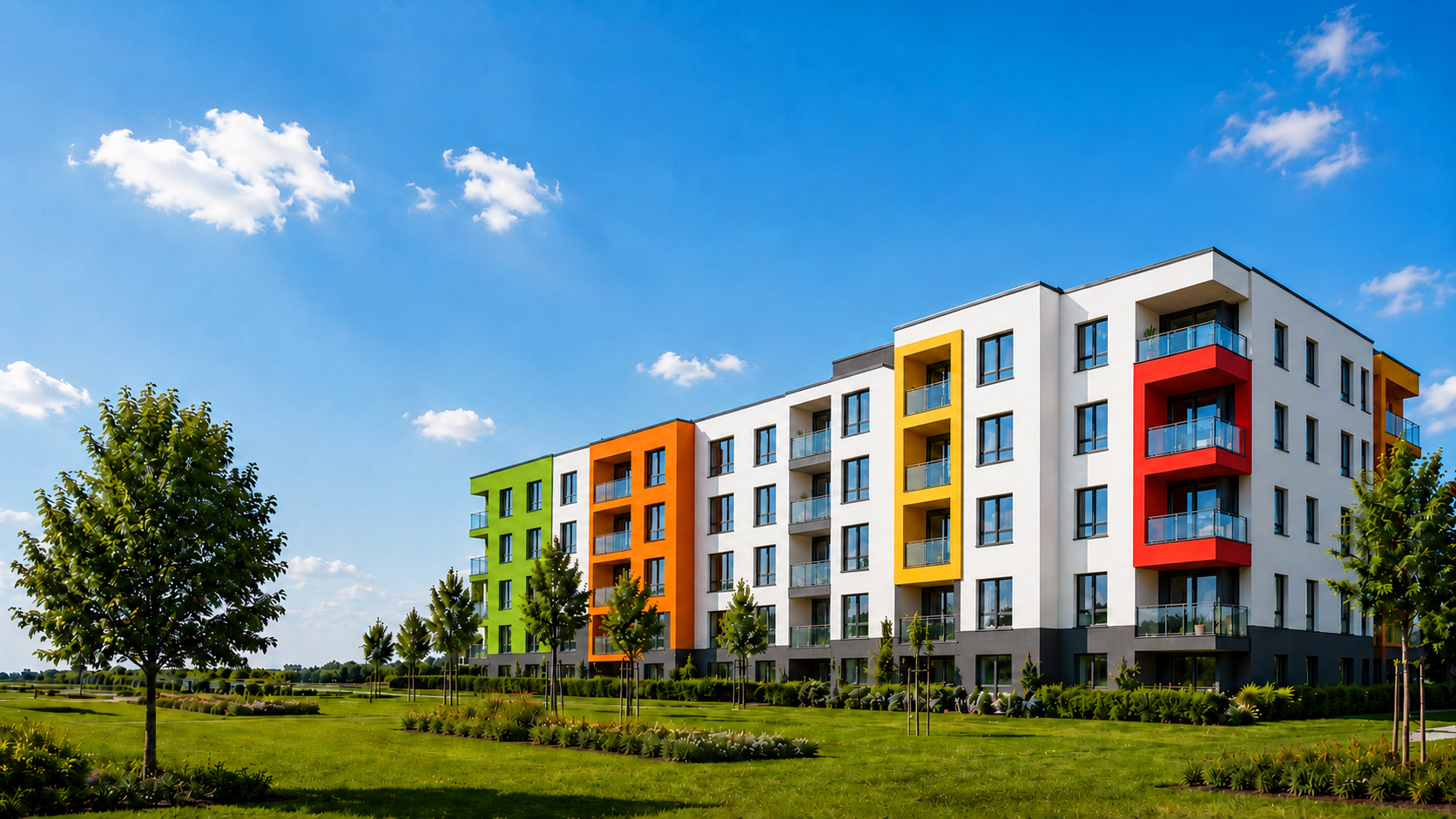 Moderní revitalizovaný bytový dům s barevnou fasádou